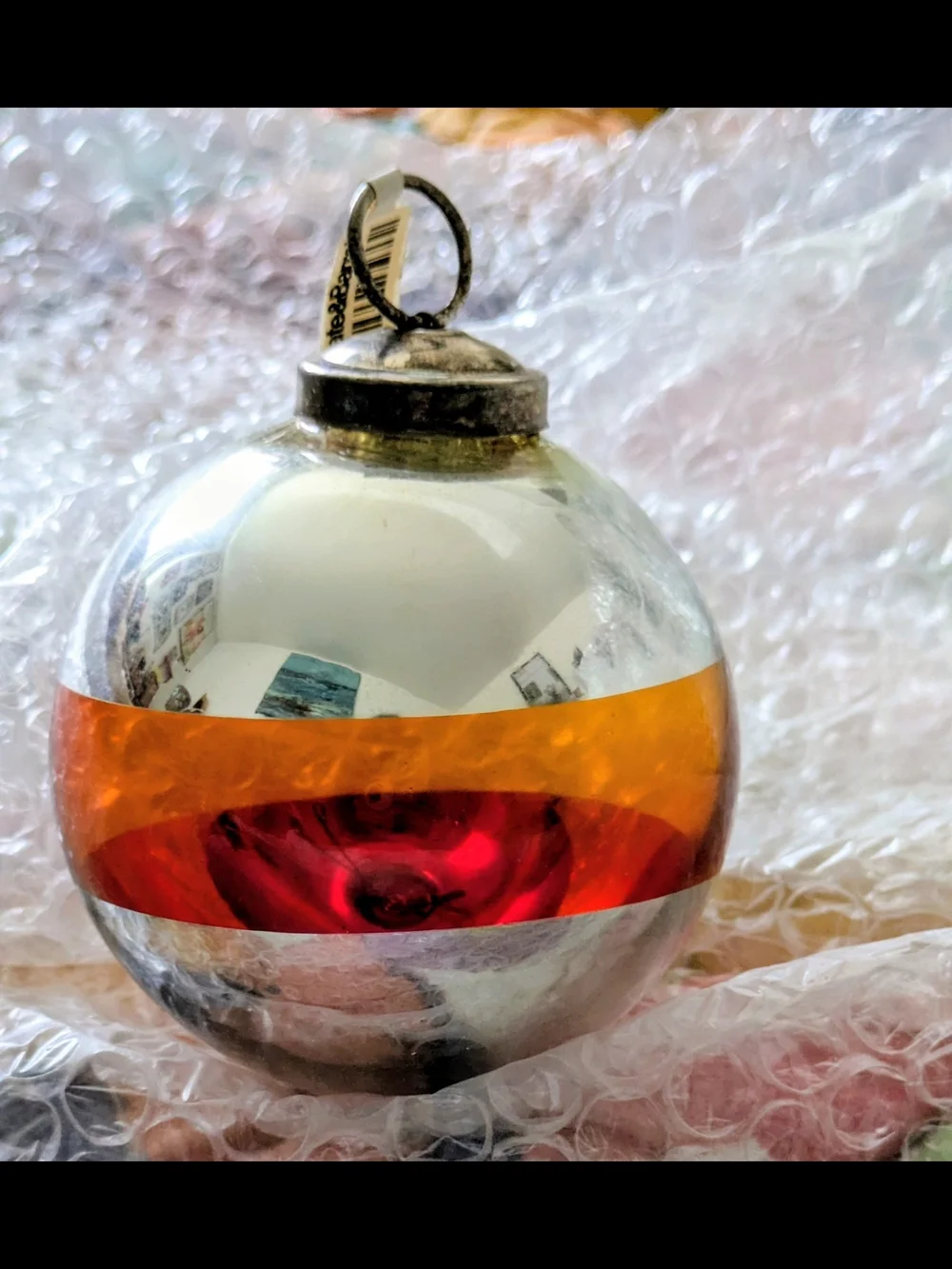 Set of 5 Crate & Barrel Vintage Mercury Glass Ornaments – Red Stripe Metal Hang